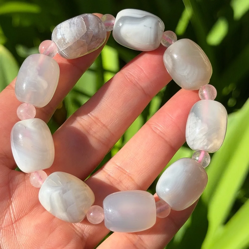 14mm stretchable barrel‎ shape milky agate rose quartz bracelet 0401